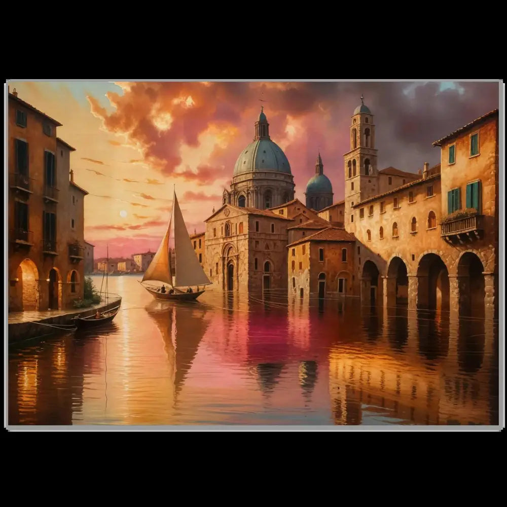 Vibrant Venetian Reverie painting of a European canal city on natural wood print