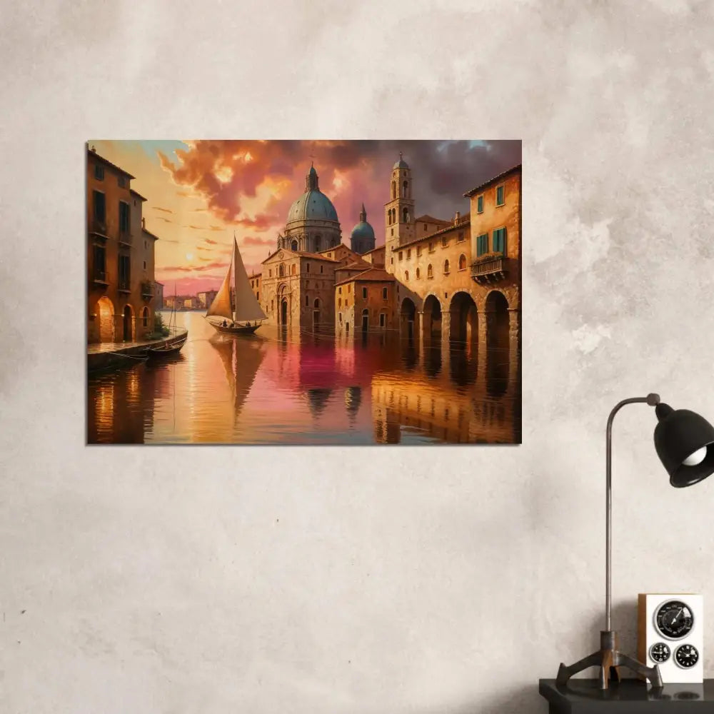Vibrant landscape painting of European town with river at sunset on natural wood in Venetian Reverie series