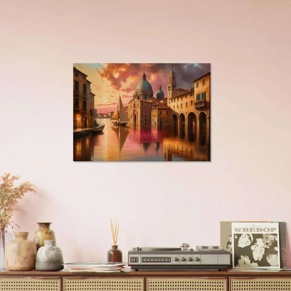 Venetian Reverie wood print featuring a vibrant cityscape with domed buildings at sunset