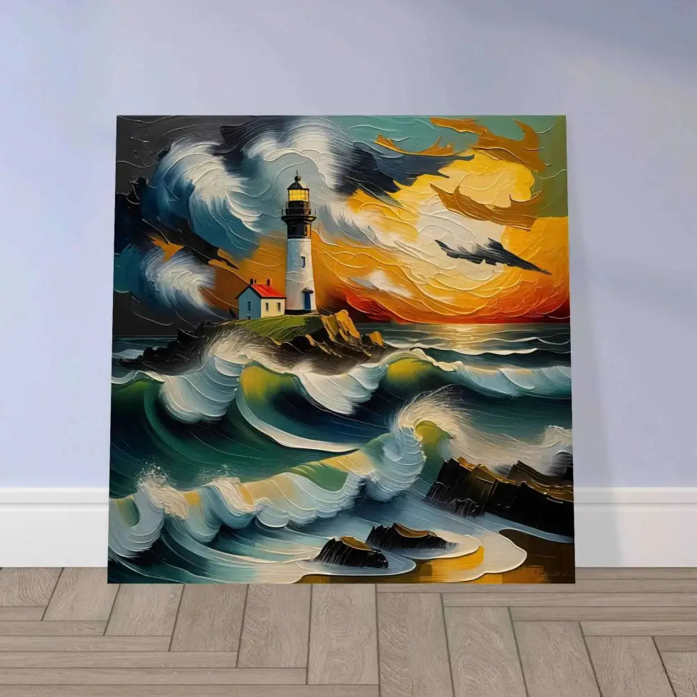 Colorful textured wood print of a lighthouse by stormy sea at sunset showcasing organic texture deepens nature meets artistry