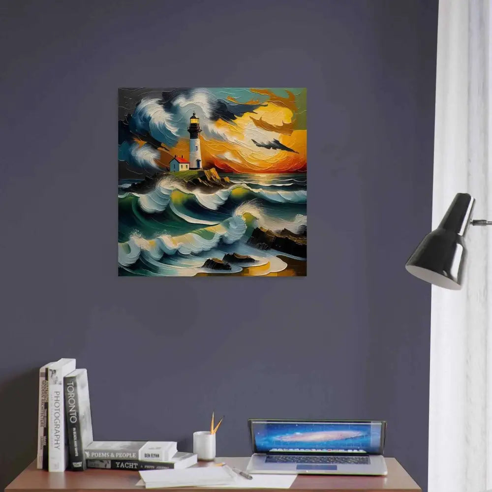 Impressionistic lighthouse on rocky coast wood print with natural grain and organic texture