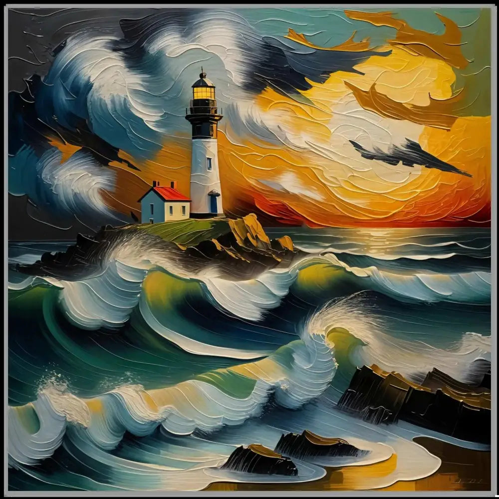 Wood grain lighthouse on rocky island with waves, showcasing nature meets artistry and organic texture deepens