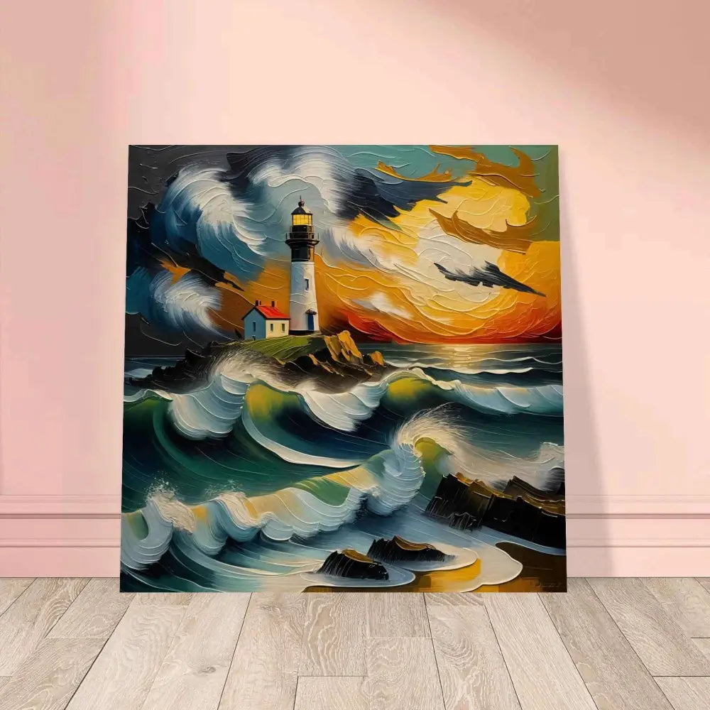 Textured wood print of a lighthouse on rocky shore with sunset, showcasing natural wood grain