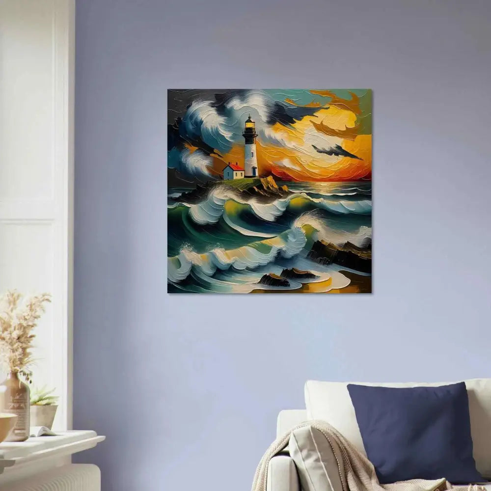 Vibrant oil painting of a lighthouse by stormy sea on wood grain textured print