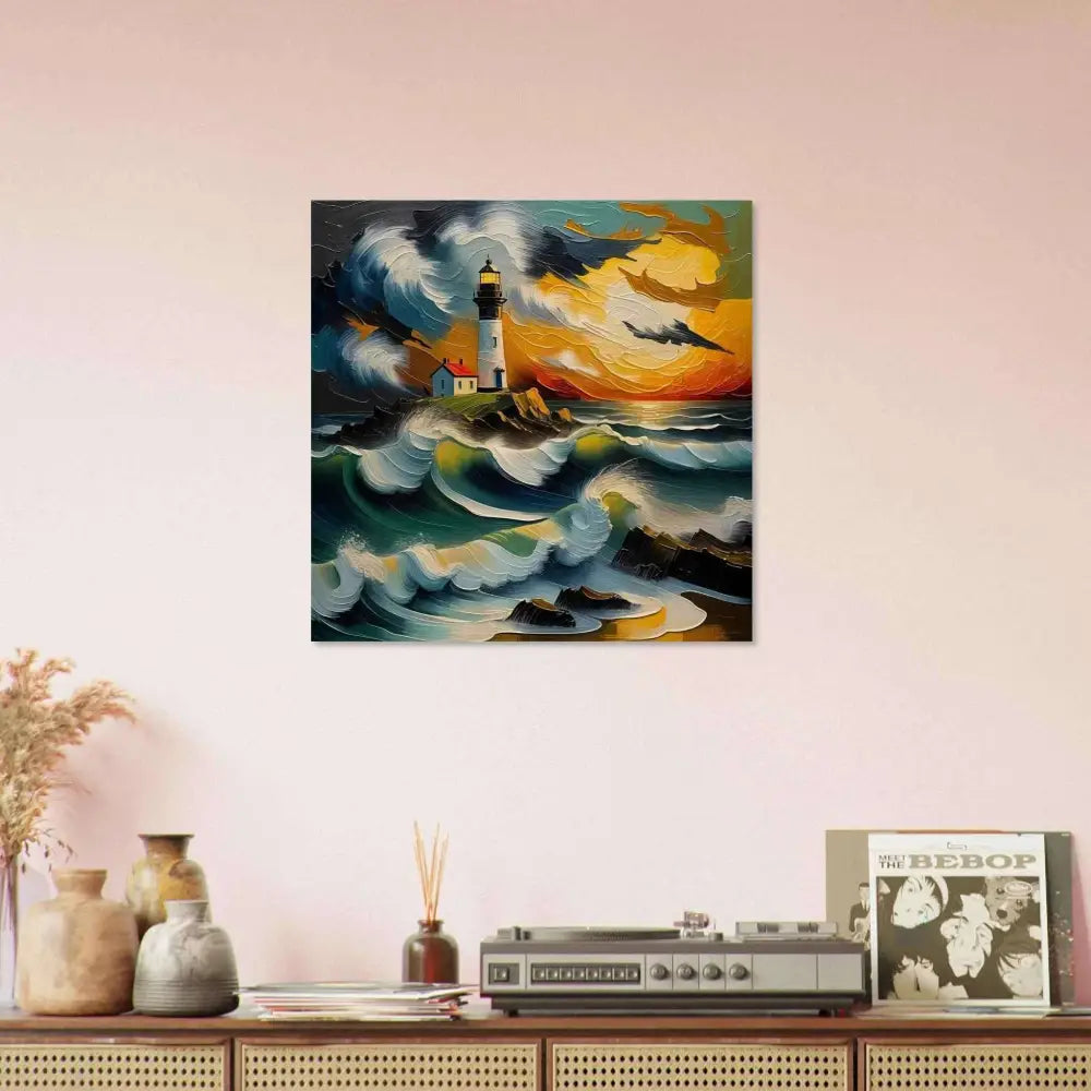 Wood grain lighthouse painting on rocky coast with crashing waves, organic texture deepens nature meets artistry