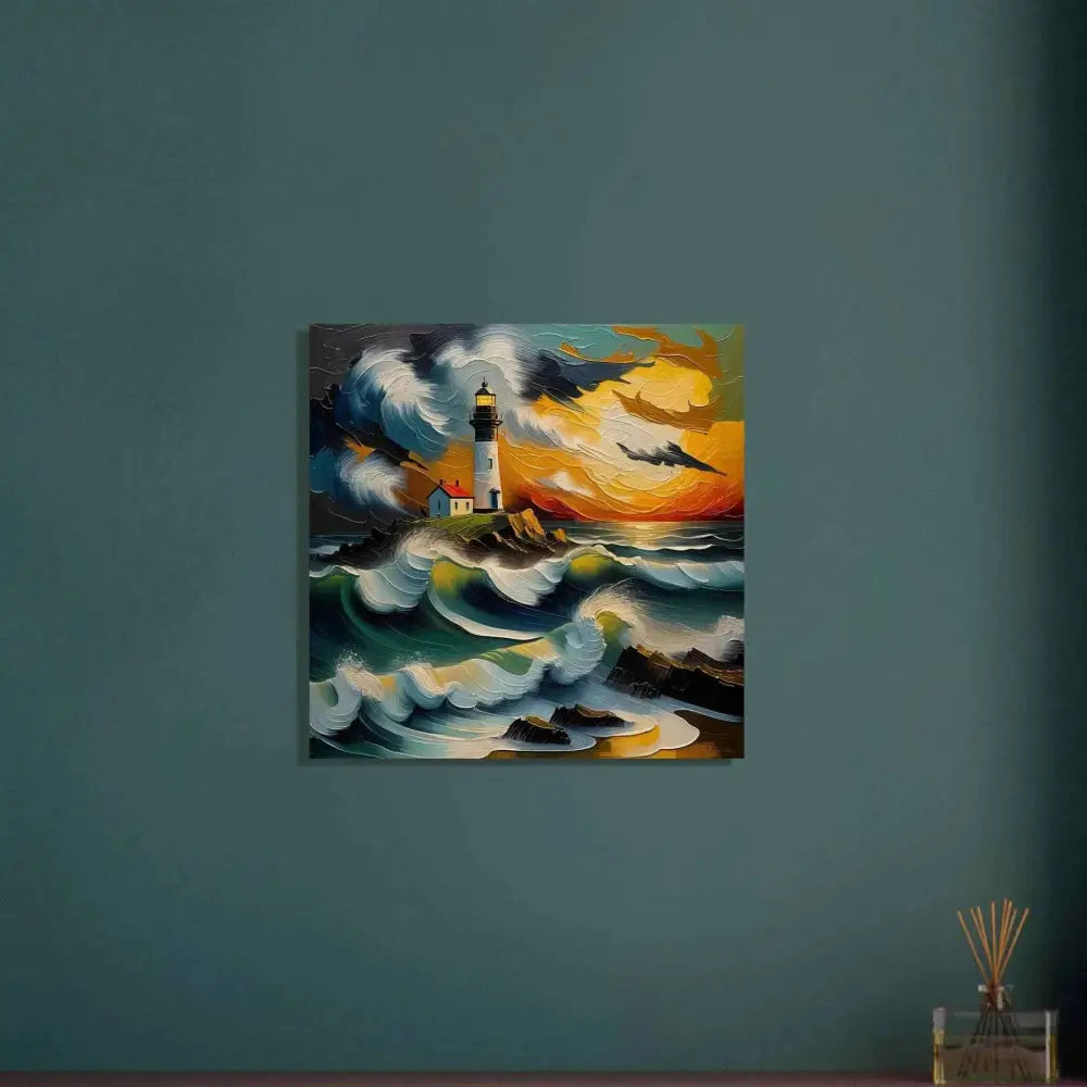 Wood grain textured oil painting of a lighthouse on rocky coast at sunset for PixiOnyx series