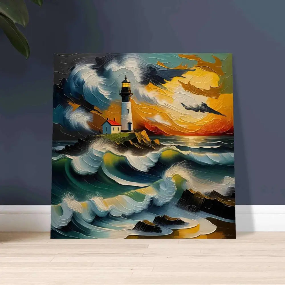 Vibrant textured wood print of lighthouse by stormy sea at sunset showcasing organic texture deepens