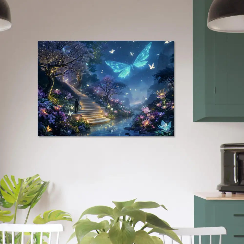 Fantasy landscape painting displayed on Wood Prints – Biolumina The Valley Beyond PixiOnyx