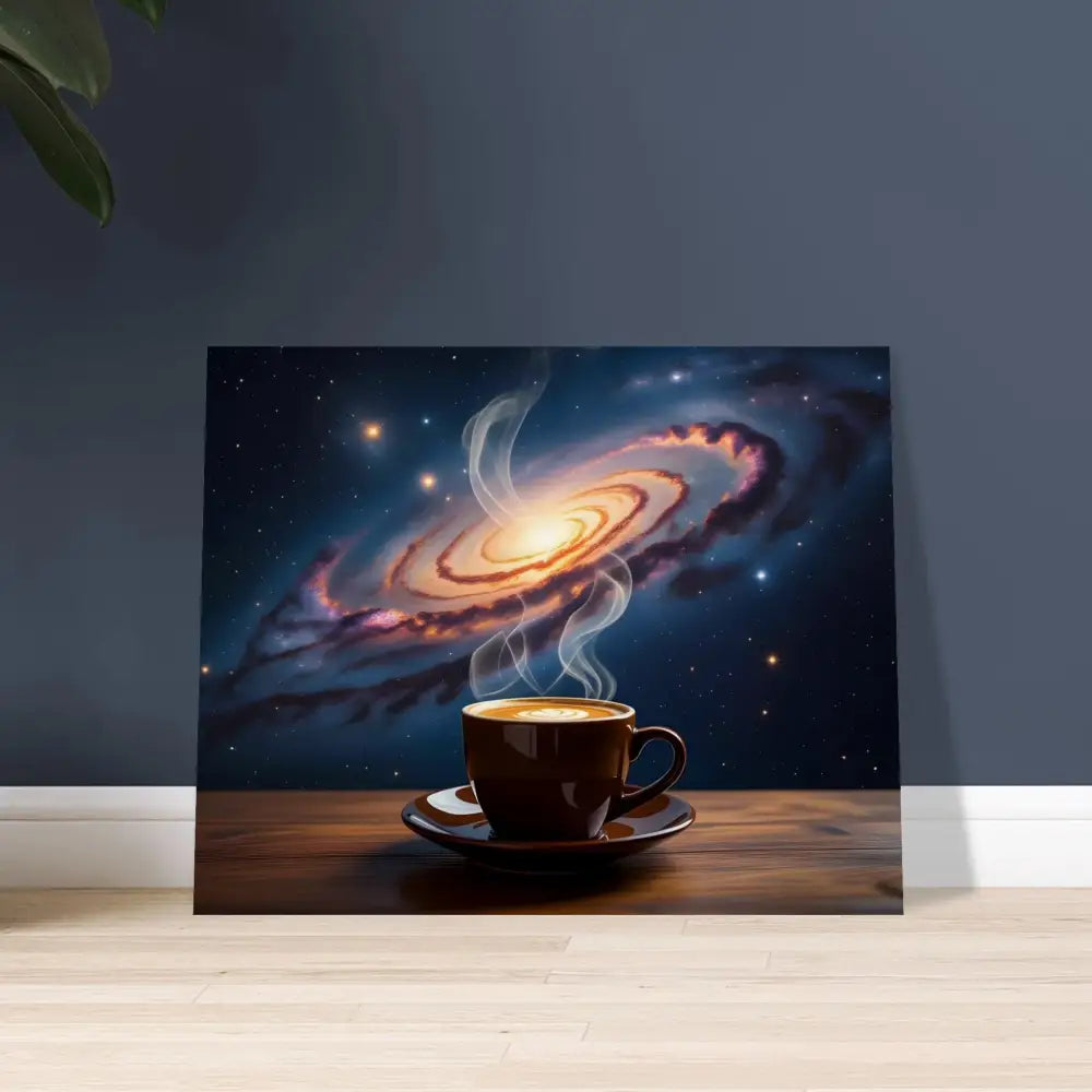 Galaxy coffee art print from PixiOnyx Dreamscape Wood Series displayed in Wood Prints product