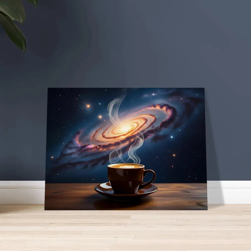 Coffee cup with galaxy backdrop on PixiOnyx Dreamscape Wood Series print