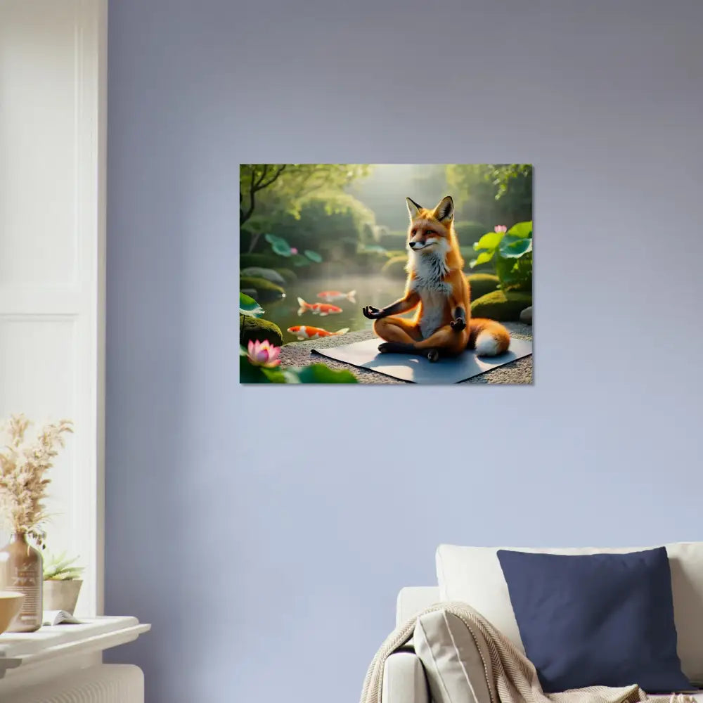 Fox meditating in a peaceful pond scene on Wood Prints – Foxasana PixiOnyx Organic Stillness Panel