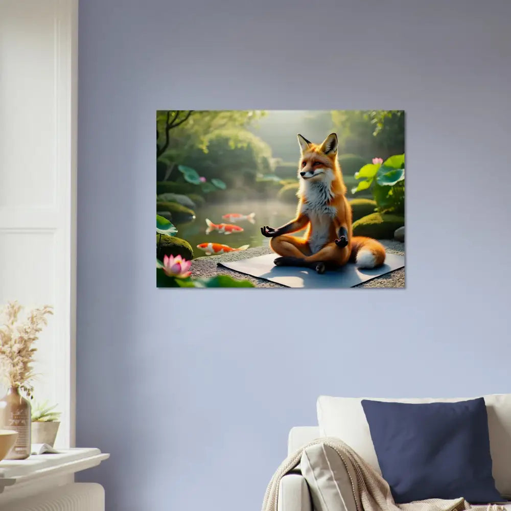 Fox meditating by a pond on Wood Prints Foxasana PixiOnyx Organic Stillness Panel