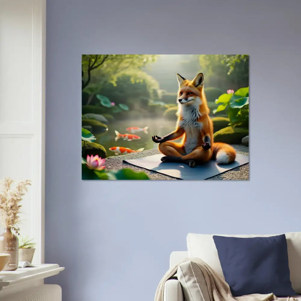 Fox meditating by a pond on a canvas for Wood Prints Foxasana PixiOnyx Organic Stillness Panel