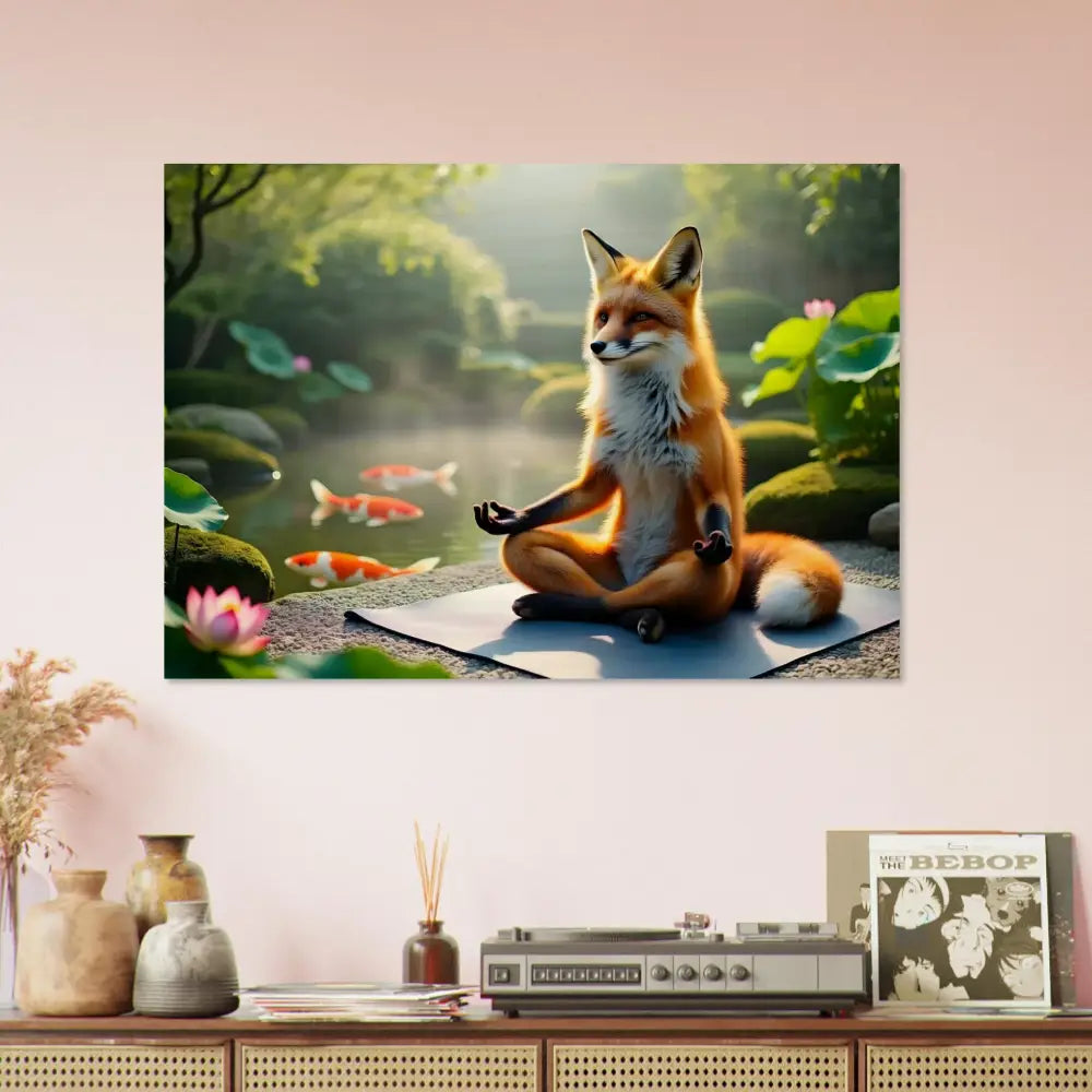 Fox meditating in a serene pond scene on Wood Prints Foxasana PixiOnyx Organic Stillness Panel