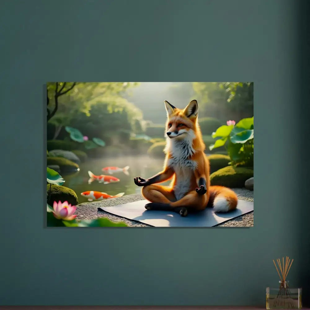 Fox meditating in a serene garden on Wood Prints Foxasana PixiOnyx Organic Stillness Panel