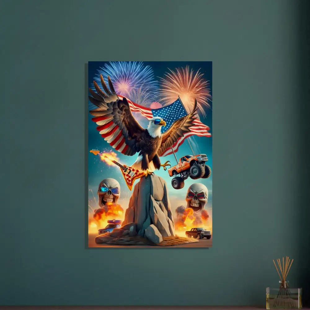 Patriotic eagle rock poster displayed on Rustic Americana Wood Print by PixiOnyx