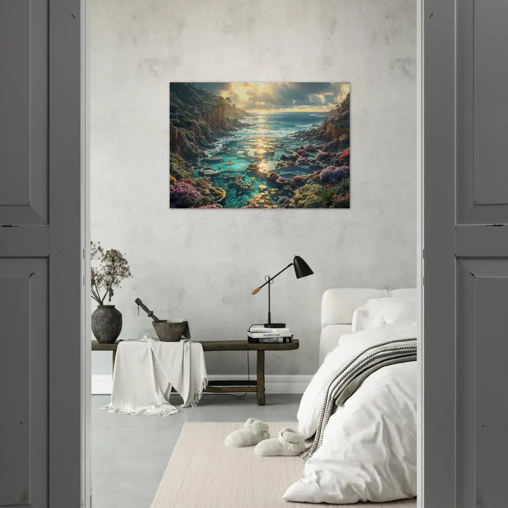 Bedroom interior with seascape artwork on Wood Prints Garden of the Tides PixiOnyx Tidegrain Harmony Edition