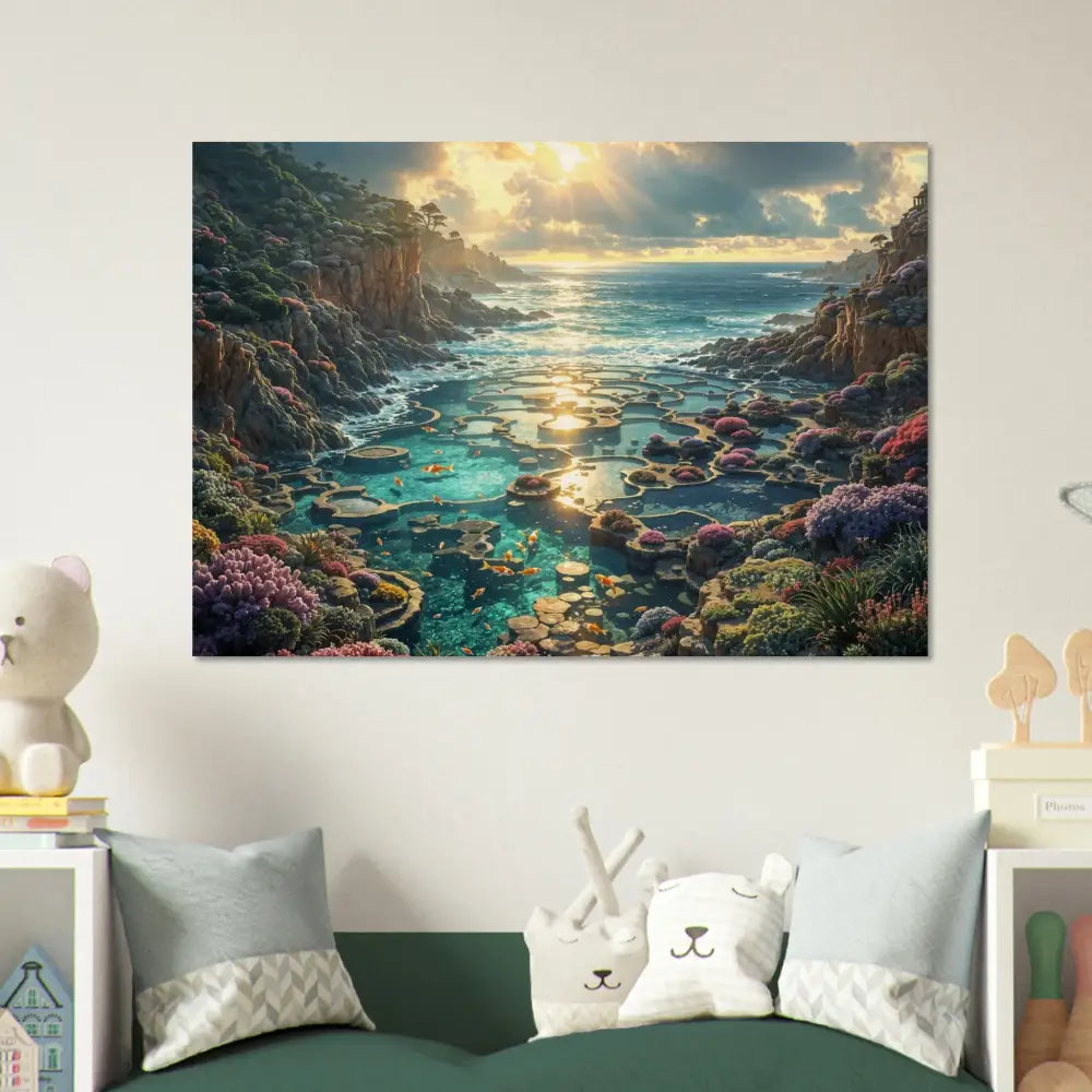 Vibrant coastal landscape art on Wood Prints Garden of the Tides PixiOnyx Tidegrain Harmony Edition
