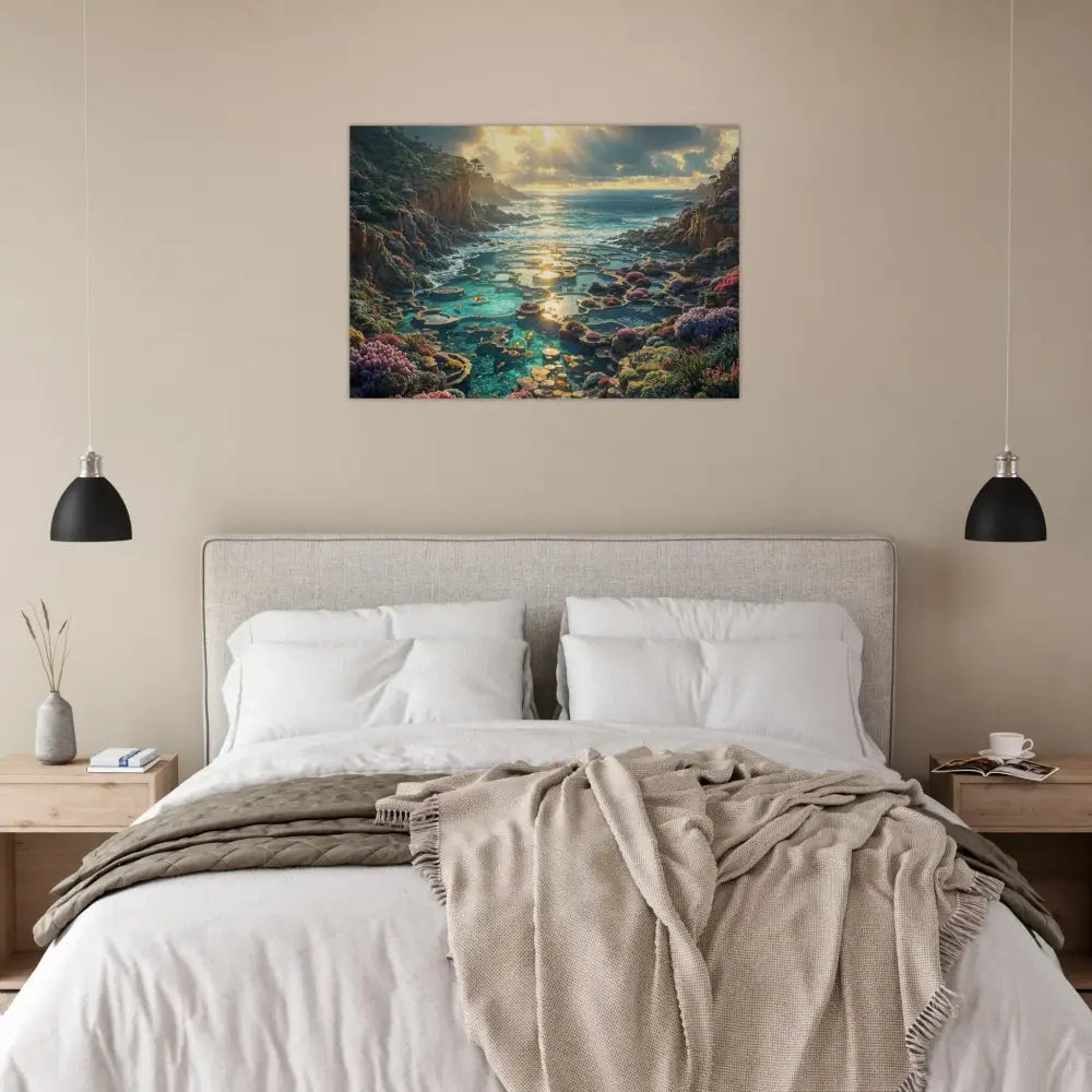 Bedroom with ocean artwork on a Wood Print from PixiOnyx Tidegrain Harmony Edition