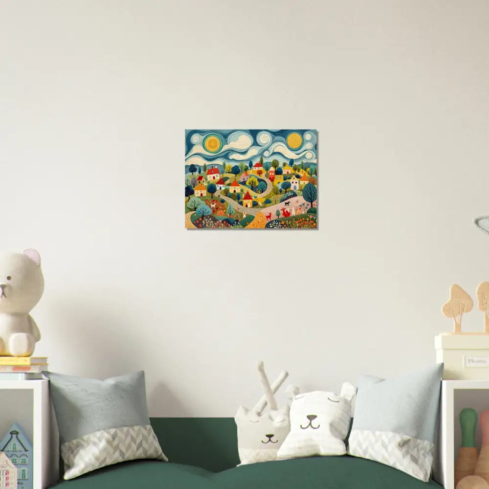 Colorful village painting displayed on PixiOnyx Naturalgrain Edition Wood Print