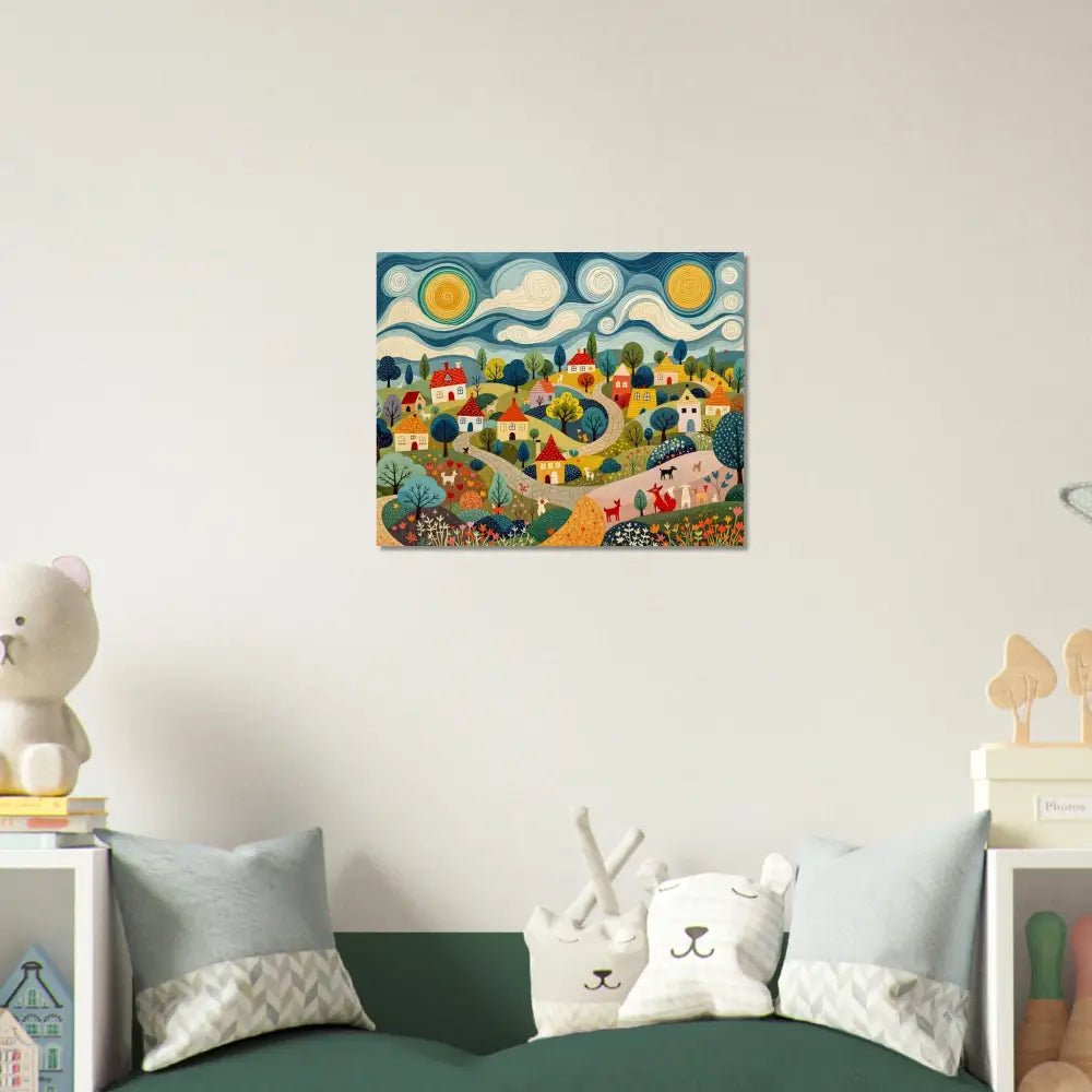 Colorful village painting on Wood Prints Hillside Harmony PixiOnyx Naturalgrain Edition
