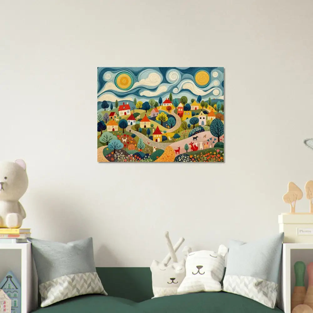 Colorful village landscape painting on Wood Prints Hillside Harmony PixiOnyx Naturalgrain Edition