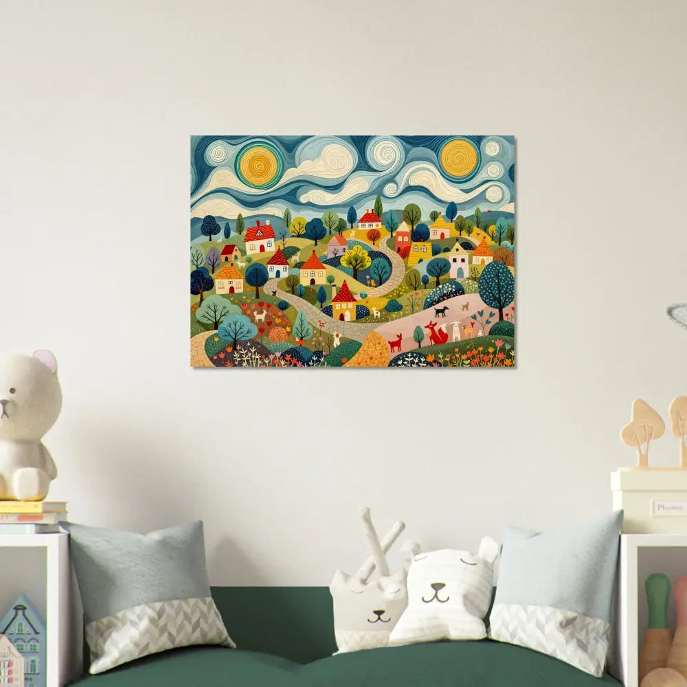 Colorful village landscape painting on Wood Prints Hillside Harmony PixiOnyx Naturalgrain Edition