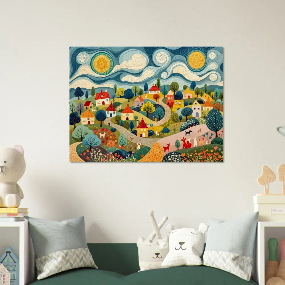 Colorful village landscape painting on Wood Prints Hillside Harmony PixiOnyx Naturalgrain Edition