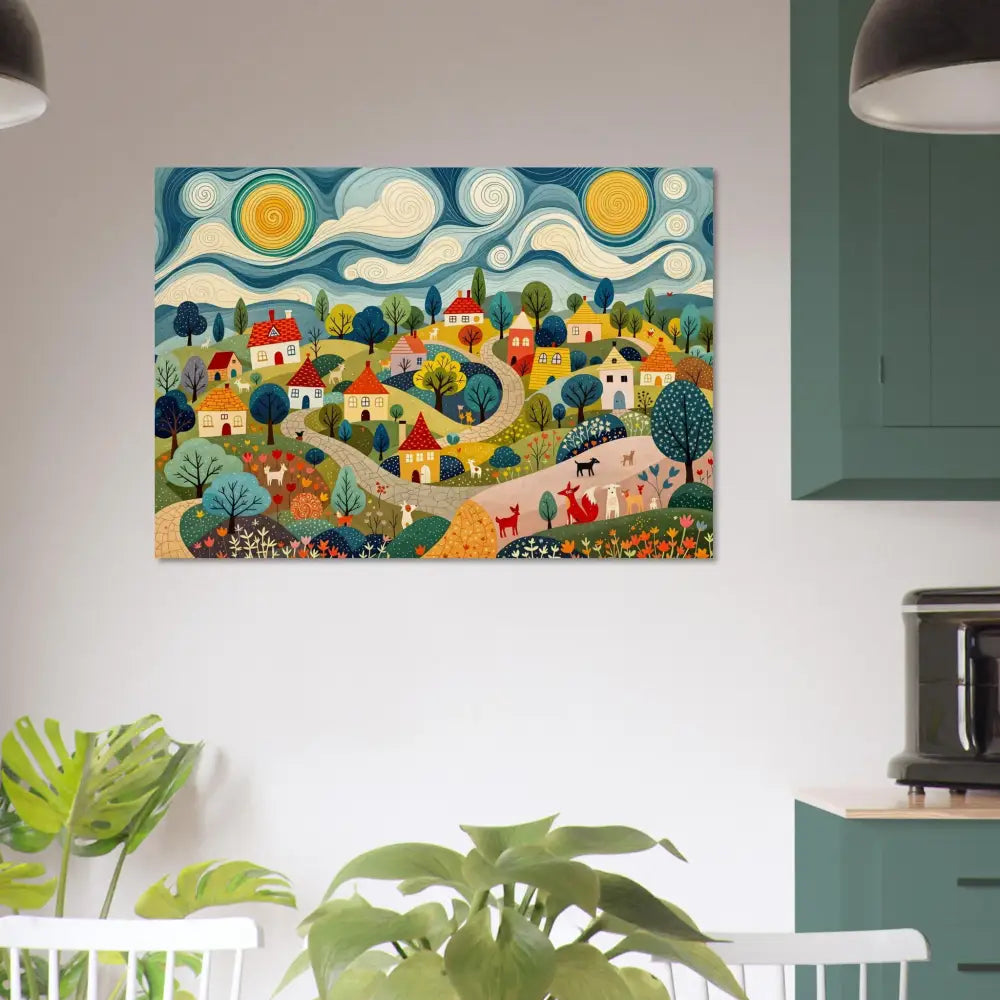 Colorful village scene painting on Wood Prints Hillside Harmony PixiOnyx Naturalgrain Edition