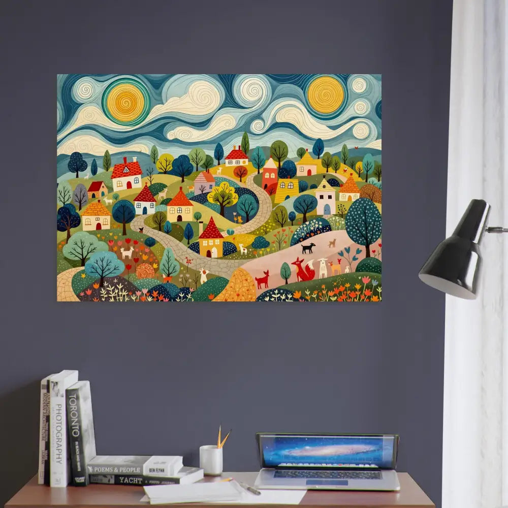 Colorful village scene artwork on Wood Prints Hillside Harmony PixiOnyx Naturalgrain Edition