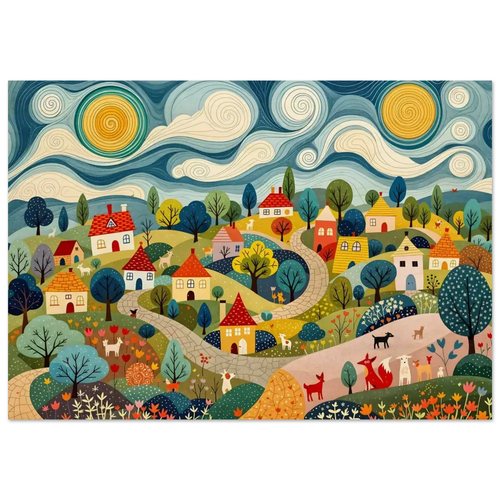 Whimsical village landscape on PixiOnyx Naturalgrain Edition Wood Prints