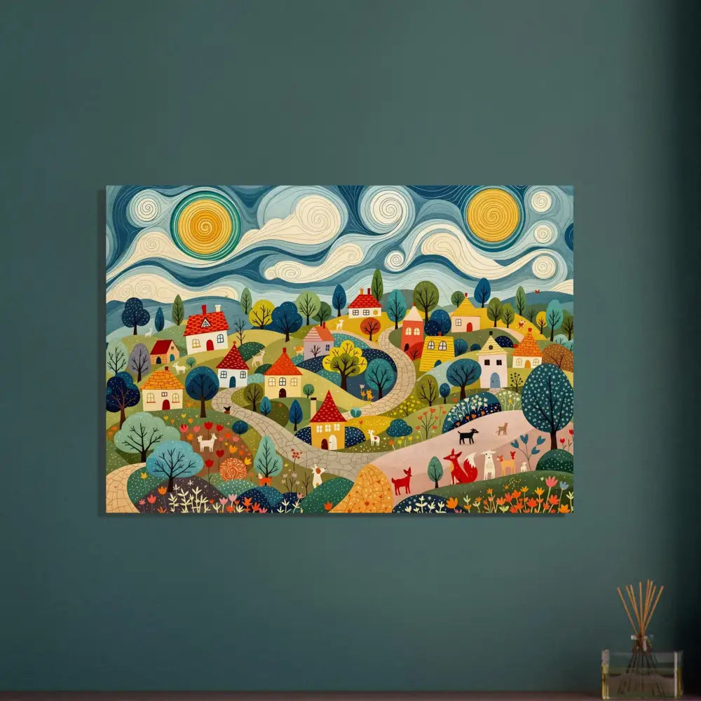 Colorful village landscape painting on Wood Prints Hillside Harmony PixiOnyx Naturalgrain Edition