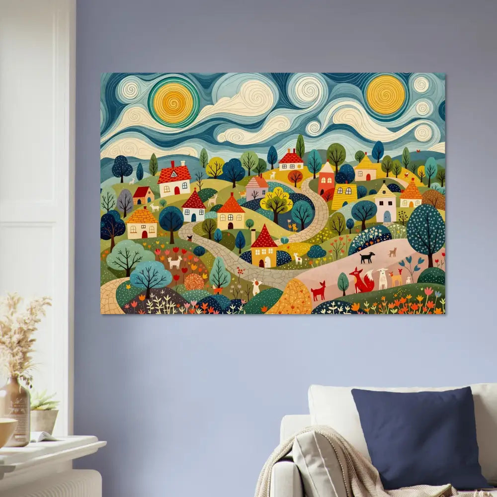 Colorful village landscape painting on Wood Prints Hillside Harmony PixiOnyx Naturalgrain Edition