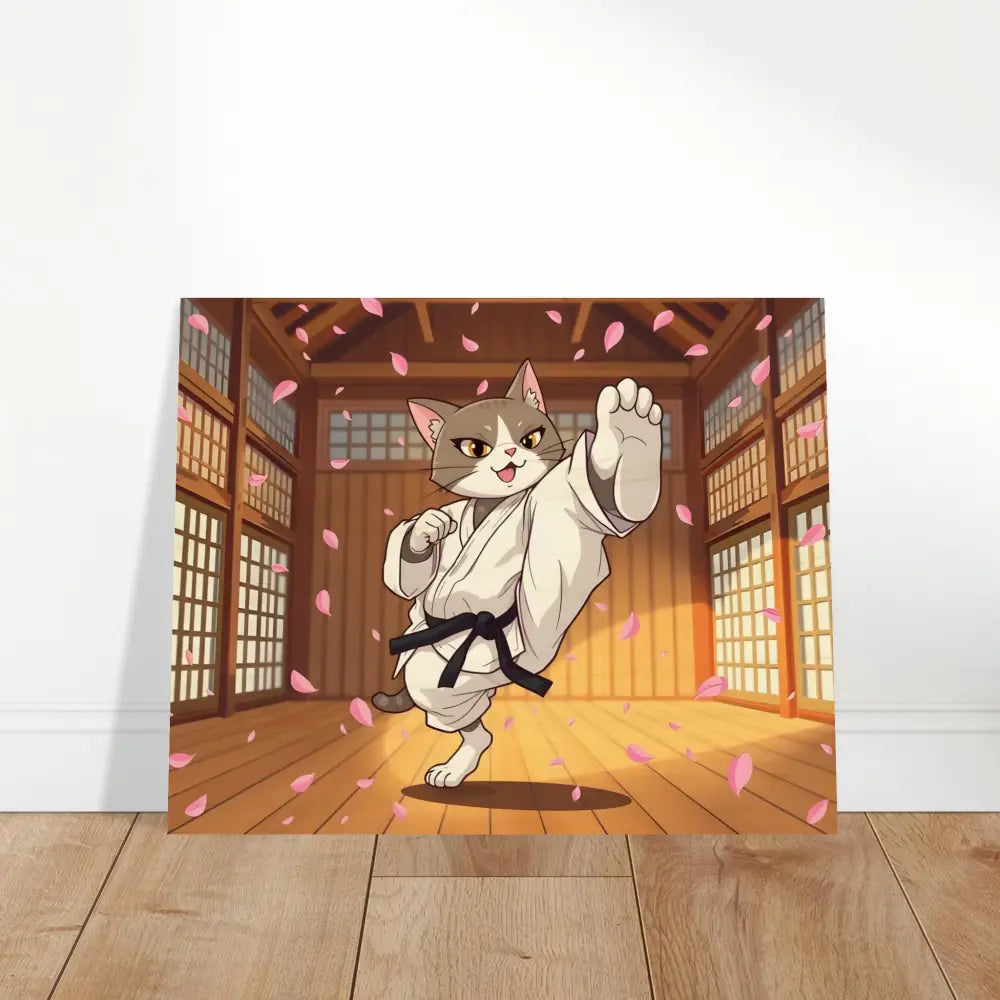 Karate Cat art print on wood showcasing Cherry Blossom Showdown for PixiOnyx Whimsical Combat