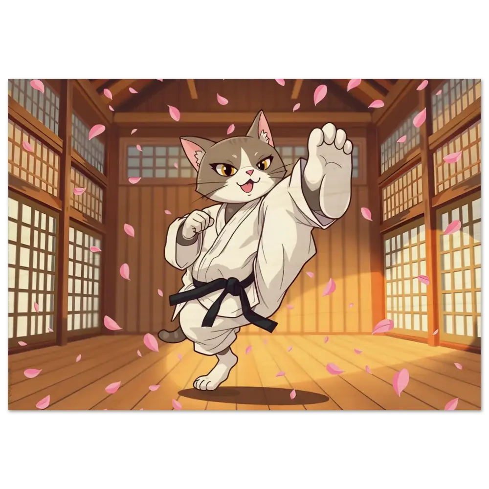 Karate Cat with Black Belt on Cherry Blossom Showdown Wood Print by PixiOnyx