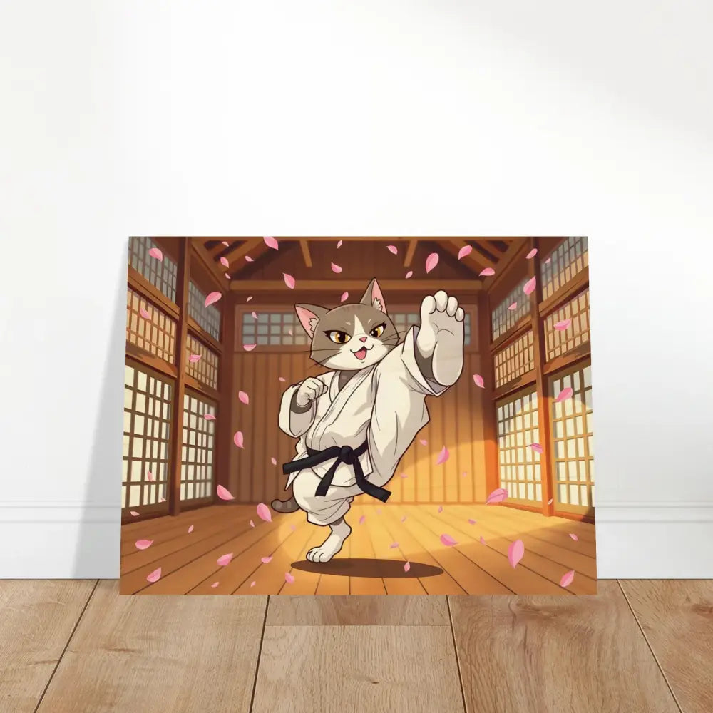 Cartoon cat in karate uniform for Wood Prints Karate Cat Cherry Blossom Showdown