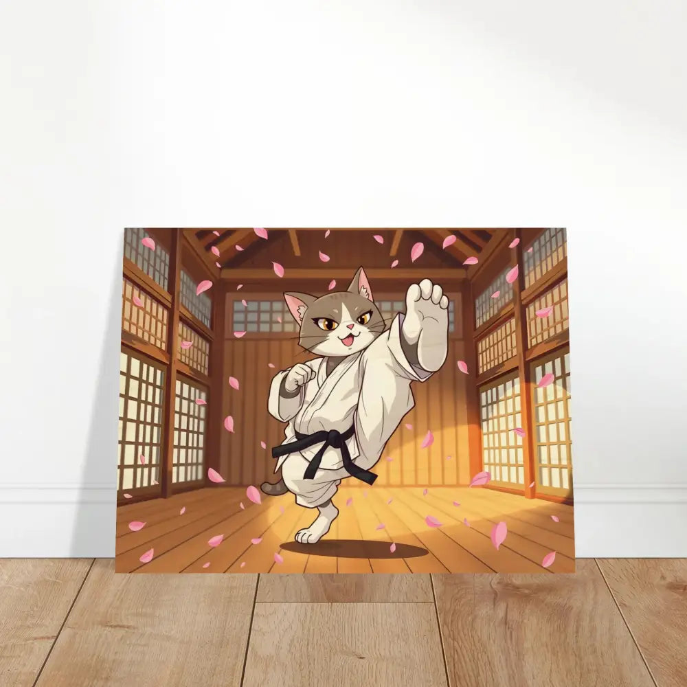 Karate Cat art print on wood titled Cherry Blossom Showdown by PixiOnyx