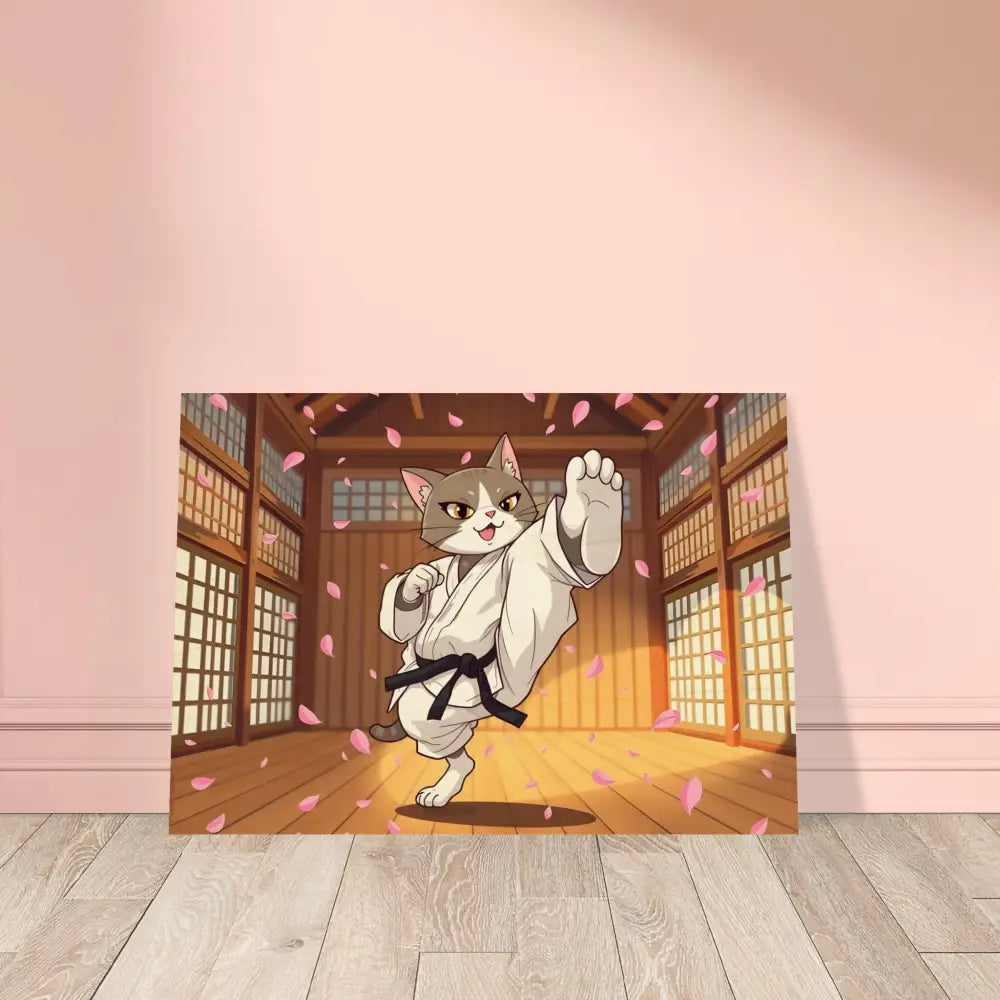 Cartoon cat in karate uniform for Wood Prints Cherry Blossom Showdown PixiOnyx