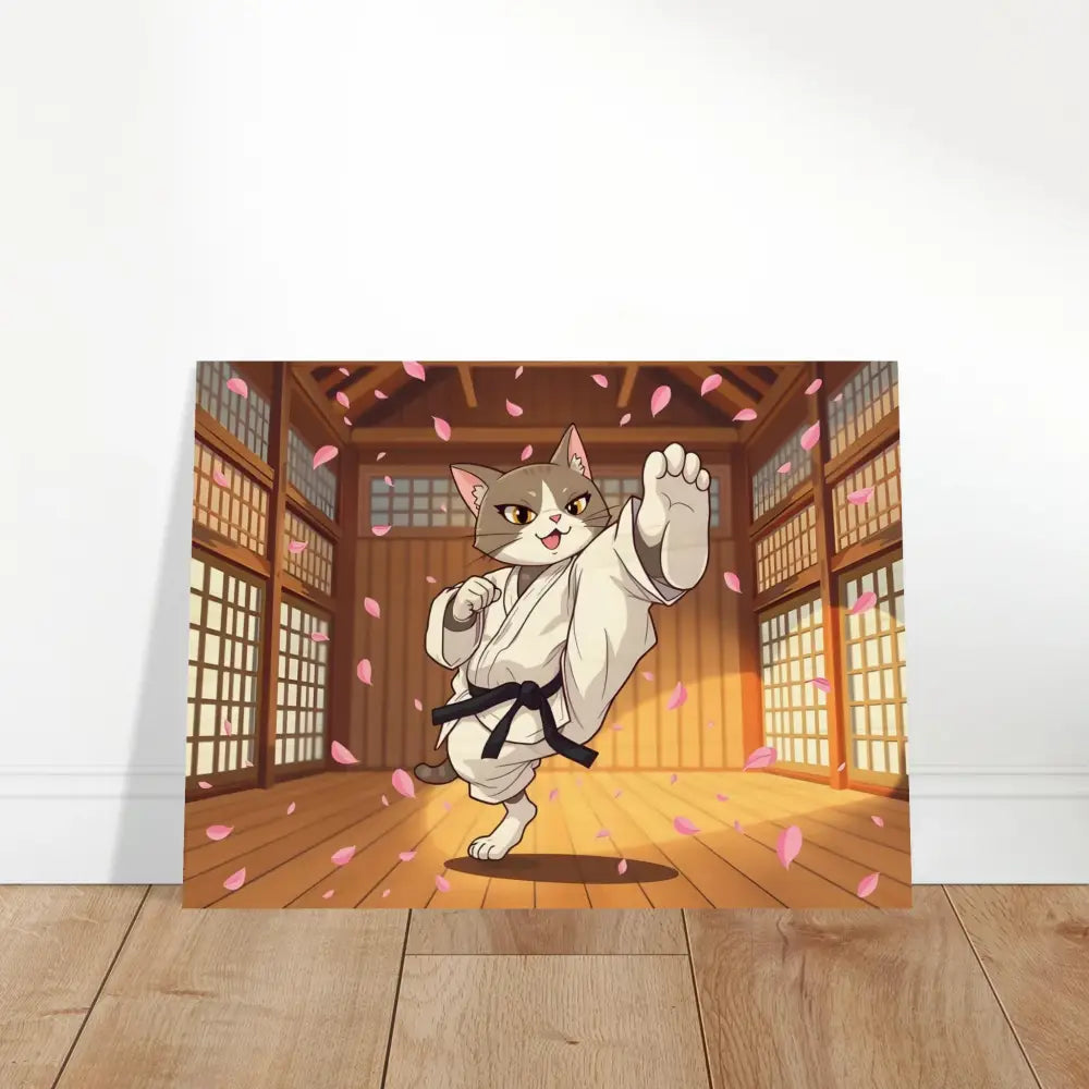 Karate Cat art print with cherry blossoms featured in Wood Prints PixiOnyx Whimsical Combat