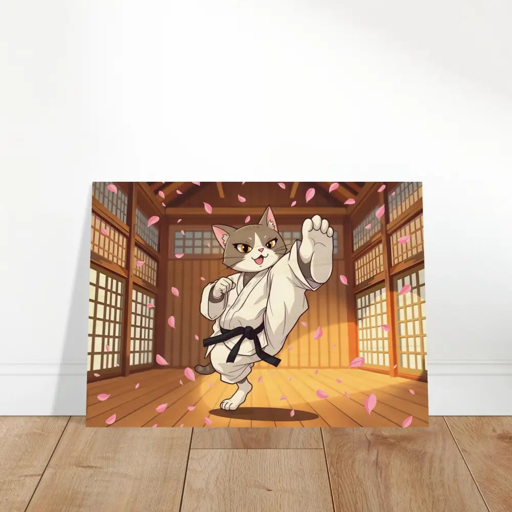 Karate Cat art print on Cherry Blossom Showdown Wood Print by PixiOnyx