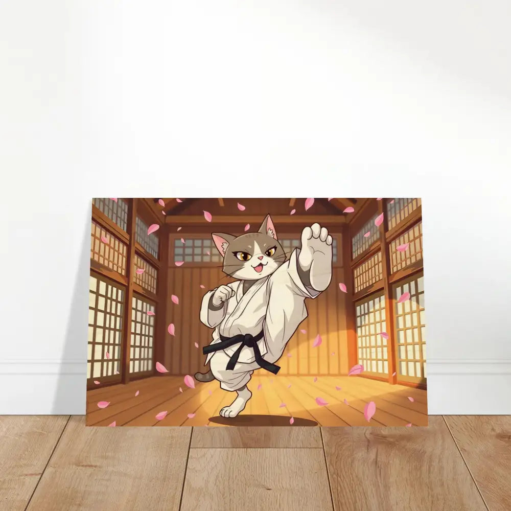 Karate Cat poster on Cherry Blossom Showdown Wood Print by PixiOnyx