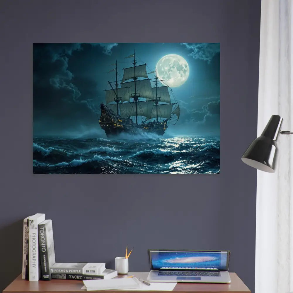 Framed ship at sea artwork from Wood Prints Moonlit Majesty PixiOnyx Voyage Edition
