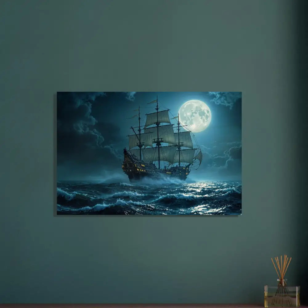 Moonlit sailing ship on a calm sea for Wood Prints Moonlit Majesty PixiOnyx Voyage Edition