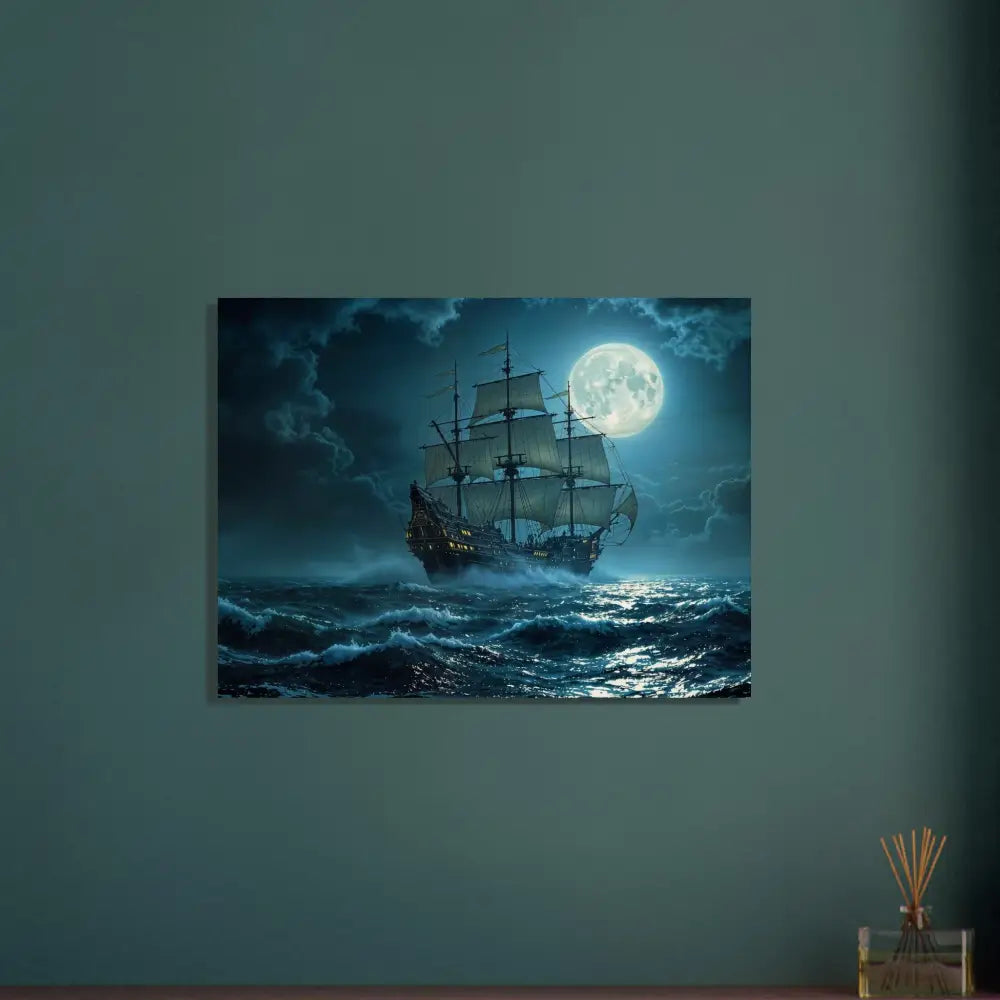 Moonlit sailing ship on the water featured on Wood Prints Moonlit Majesty PixiOnyx Naturalgrain Voyage Edition