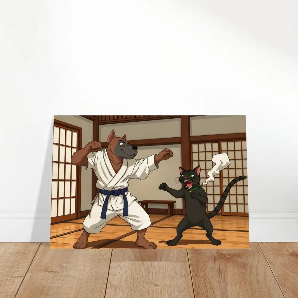 Cartoon karate dog and cat on Wood Prints Paws of Fury PixiOnyx Martial Mayhem