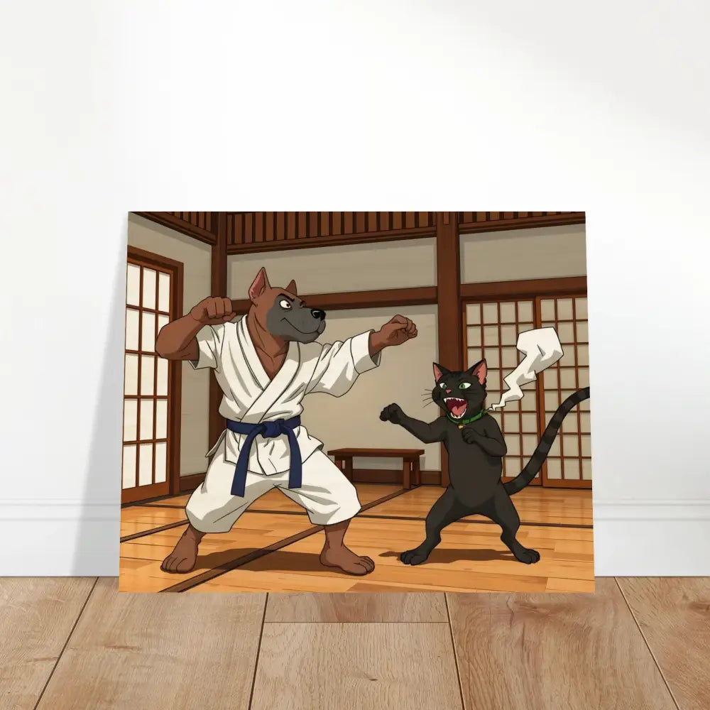 Cartoon Dog and Cat Karate Match on Wood Prints for Paws of Fury Martial Mayhem