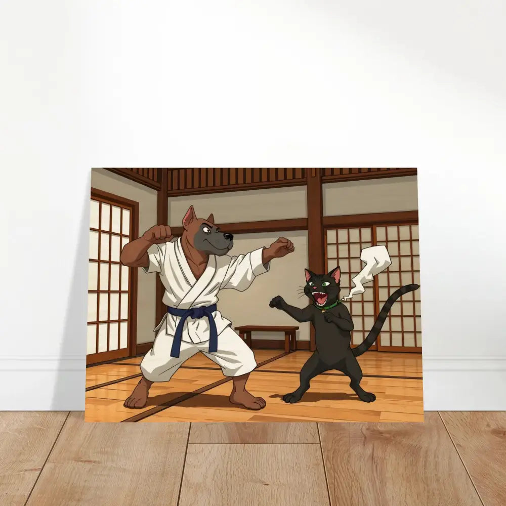 Cartoon karate dog and cat on Wood Prints Paws of Fury PixiOnyx Martial Mayhem
