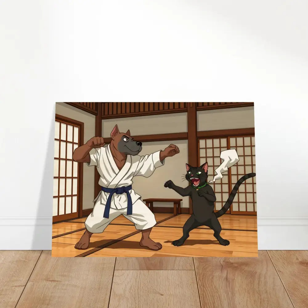 Cartoon karate dog and cat on Wood Prints Paws of Fury martial arts artwork