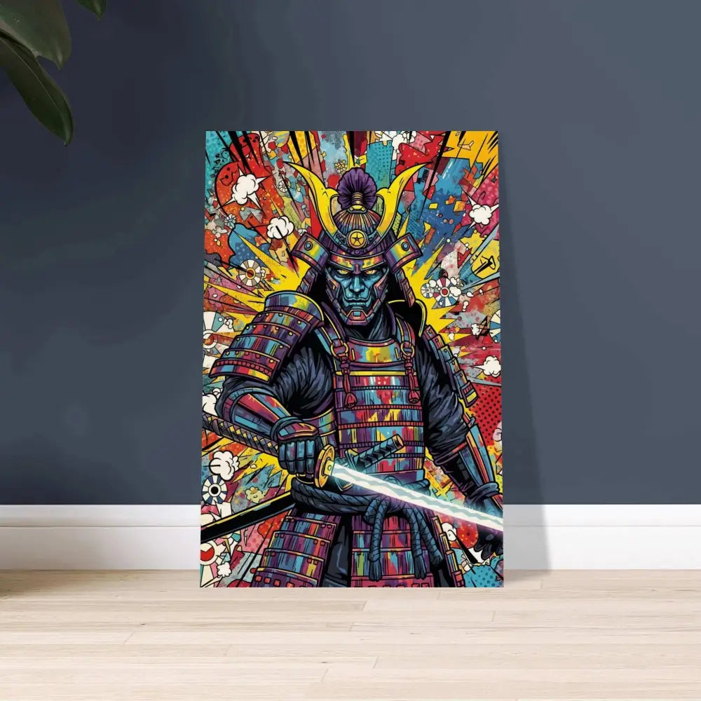Vibrant samurai splash pop art wood print with glowing katana from PixiOnyx Timberline