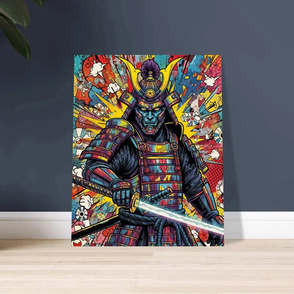 Vibrant pop art-style samurai splash wood print with glowing katana from PixiOnyx Timberline Series